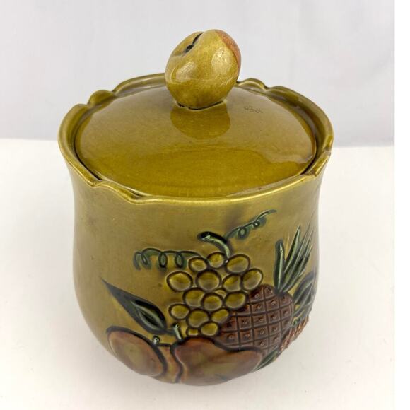 California Pottery Cookie Jar 2004 Mustard Yellow Embossed Fruit VTG Kitchen - Picture 7 of 16